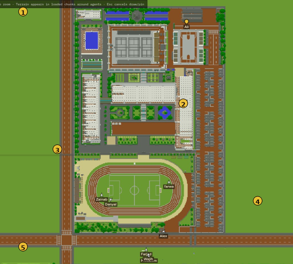 Annotated map with agents on a campus world